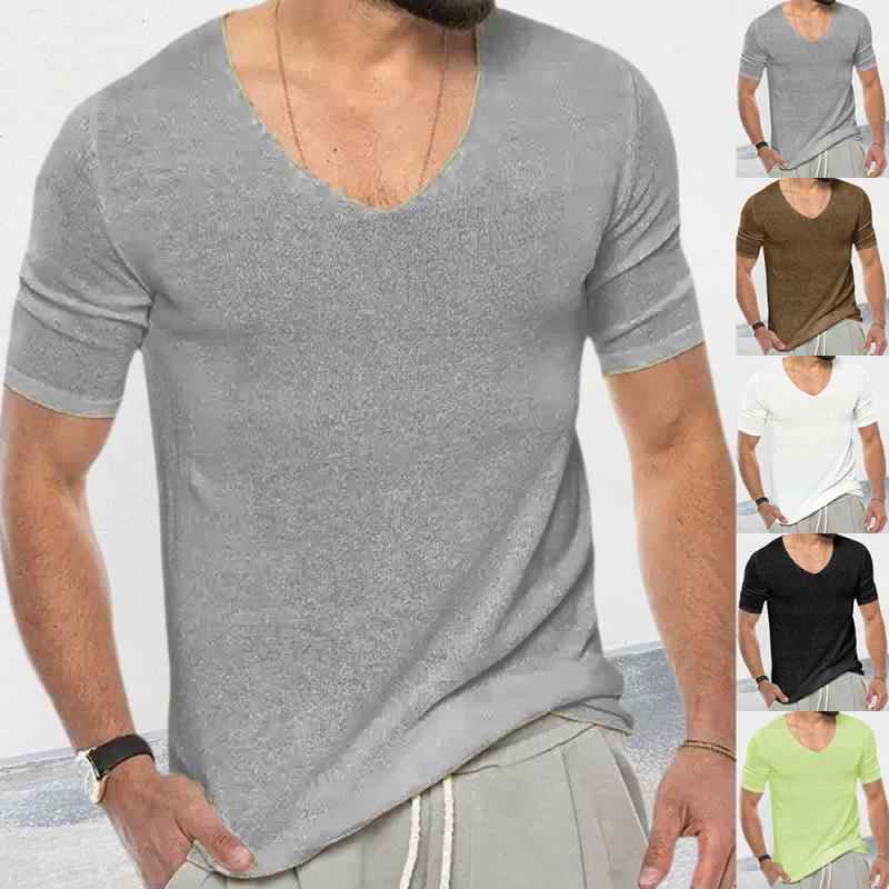 ニット 男性用 夏 Vネック 半袖 スリムフィット 欧米風 カジュアルスタイル トップス セーター アクリル素材 日常使い 若者向け