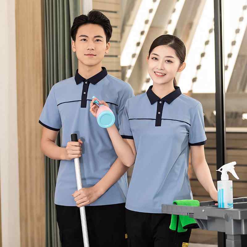 Tシャツ メンズ 半袖 トップス カットソー 作業服 清掃 スタッフ ユニフォーム 施設管理 ホテル 病院 業務 吸湿速乾 綿混 春夏 ブルー グレー ブラウン