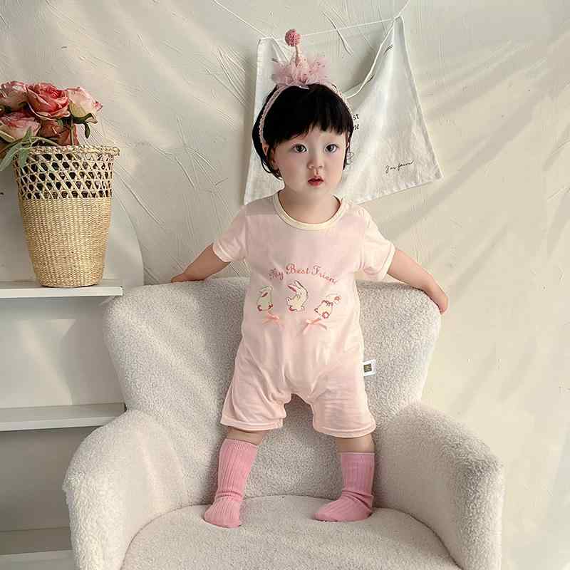 ロンパース カバーオール 女の子 ベビー 新生児 赤ちゃん 半袖 薄手 涼しい 綿100% コットン ウサギ柄 うさぎ 春夏 ピンク 普段使い お出かけ ルームウェア 韓国ファッション