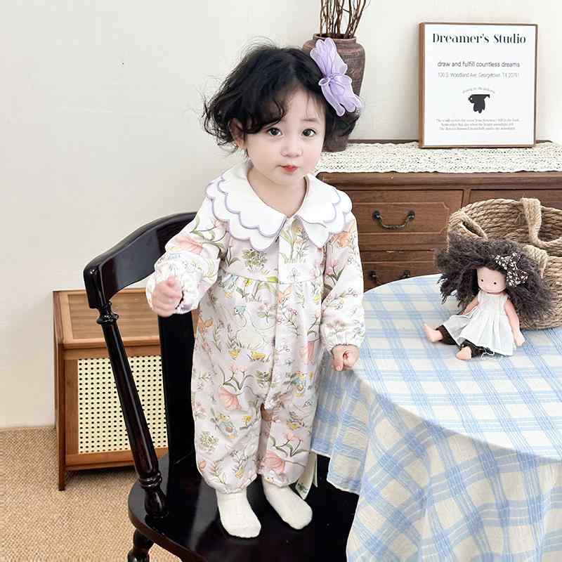 ロンパース ベビー 女の子 新生児 春秋物 小花柄 前開き 長袖 コットンブレンド カバーオール 普段使い お出かけ 韓国ファッション アプリコットカラー