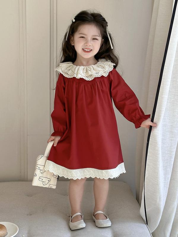 ワンピース 女の子 子供 ベビー キッズ 春秋 長袖 プリンセス風 ドレス 綿混 おしゃれ 上品 かわいい お出かけ ワインレッド ブラウン