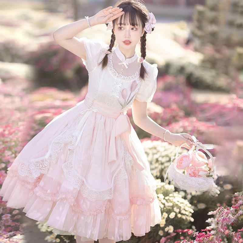 衣装 レディース ロリータ ロリィタ 御召しもの 花と詩 一風変わったひな型 春夏 半袖 パフ捩り 照明ランプ色つや midi丈 A伝達ルート 普段使い走り 会う約束 可愛らしい キュート 女子らしい ガーリー ポリエステル