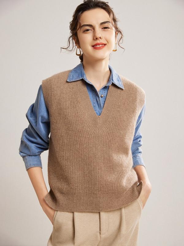 ニットベスト レディース 100%カシミヤ Vネック ノースリーブ ゆったり 体型カバー エレガント 韓国風 秋冬 通勤 オフィス カジュアル 無地