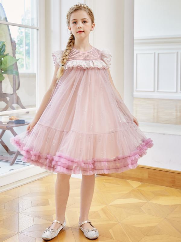 キッズ ドレス ワンピース 女の子 小学生 かわいい 夏 薄手 チュール プリンセスライン パール スパンコール フォーマル ピンク ノースリーブ 発表会 結婚式 パーティー
