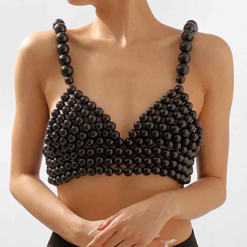 ボディチェーン レディース フェイクパール アクリル 手編み ビキニ セクシー 欧米風 華やか 個性的 ビーチ リゾート 水着 ビーズ ストラップ ブラック ホワイト