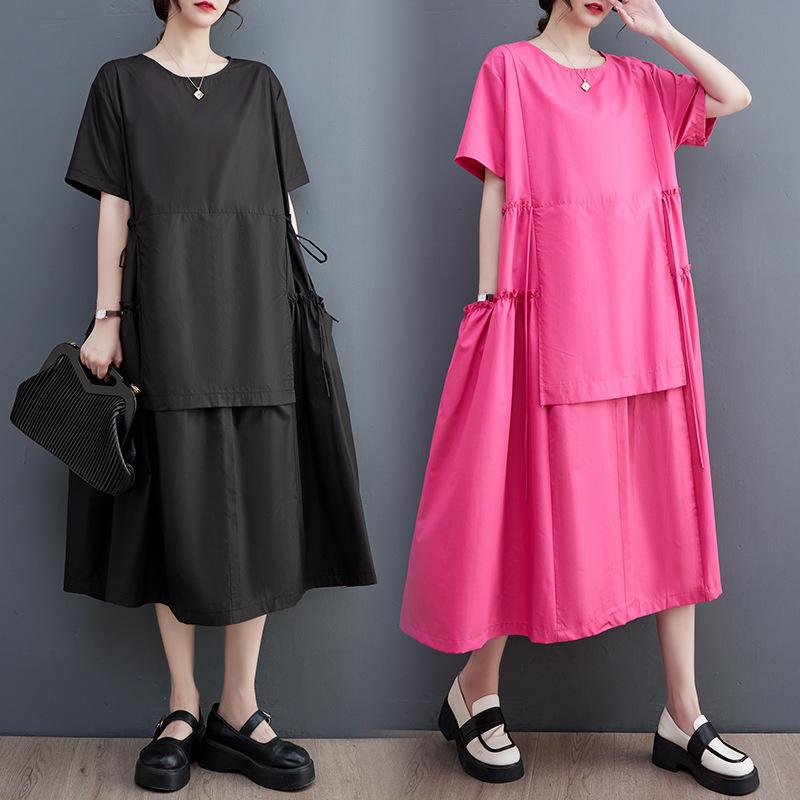 ワンピース レディース 春夏 韓国風 着痩せ 切り替え 上品 大きいサイズ ゆったり ロング丈 Aライン ラウンドネック コットンブレンド 五分袖