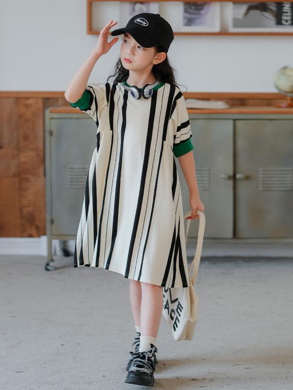 ワンピース 子供服 女の子 ジュニア 夏 親子コーデ 縦ストライプ 配色切り替え バイカラー 半袖 Aライン カジュアル リラックス 普段使い 通学 韓国風 綿 コットン ニット 肌に優しい