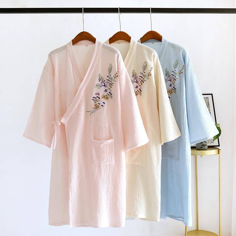 ルームウェア レディース 綿100% ダブルガーゼ クレープ生地 刺繍 ミドル丈 和風 着物風 パジャマ 薄手 ガウン バスローブ 春夏 通気性 快適 Vネック ライトブルー ベージュ ピンク