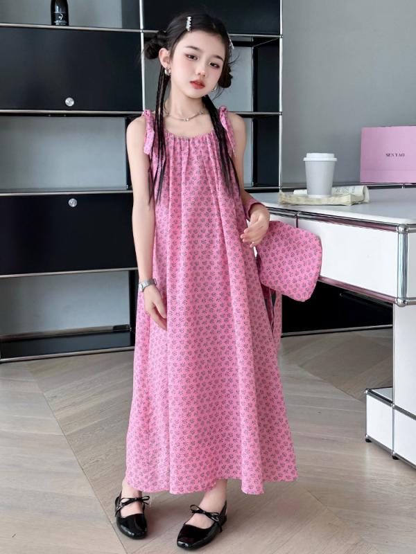 ワンピース 女の子 キッズ ジュニア 韓国風 かわいい 小花柄 ノースリーブ 薄手 軽量 ロング丈 マキシ丈 Aライン 綿素材 柔らかい肌触り 普段使い お出かけ 夏