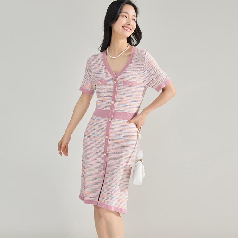 ワンピース レディース 春夏 ニット シルク Vネック ストレッチ フレンチ ショート丈 半袖 Aライン ウエストゴム テンセル ピンク ブルー 細見え スタイルアップ