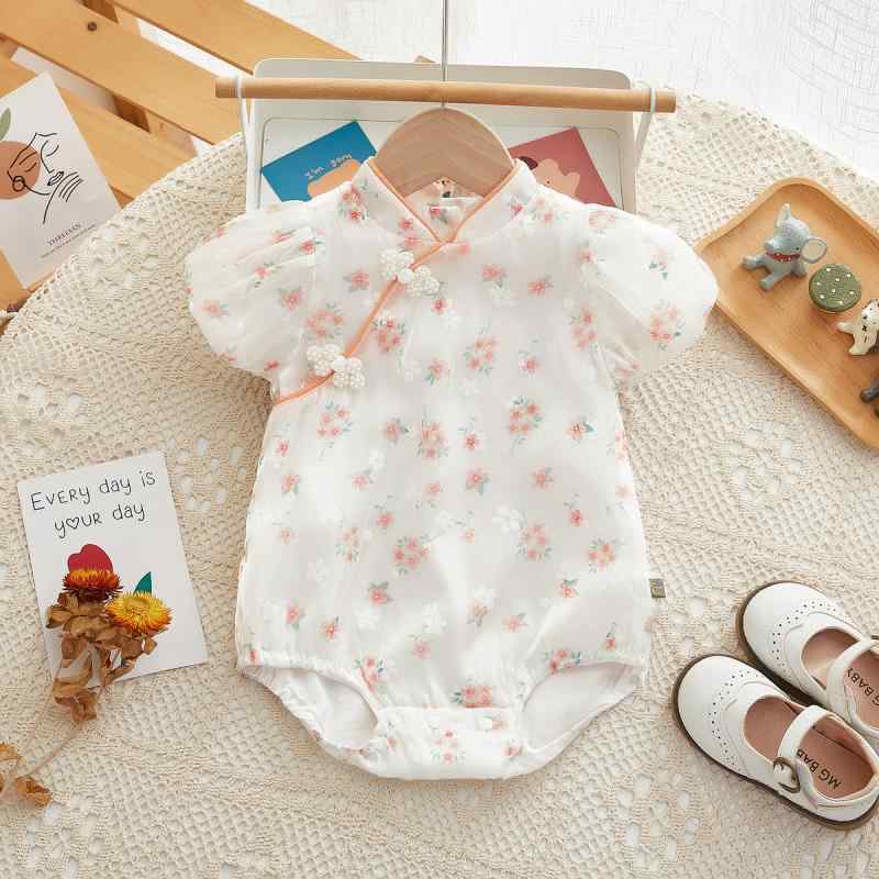 ロンパース 女の子 ベビーウェア 赤ちゃん服 新生児 0歳 1歳向け チャイナドレス風 半袖 ショート丈 プルオーバー 綿 コットン 薄手 涼しい ホワイト 白 春夏 おしゃれ かわいい お出かけ 普段使い