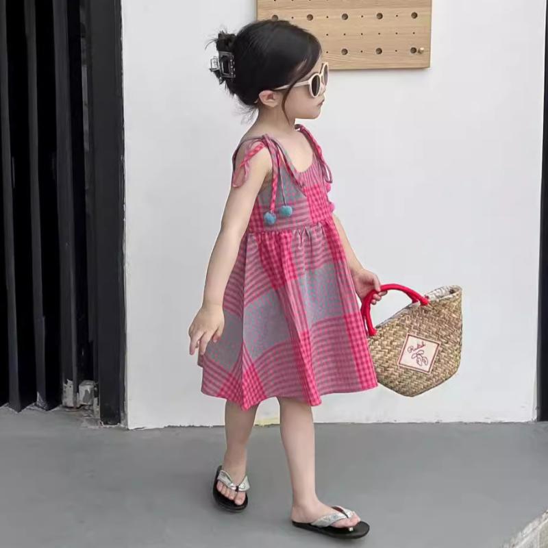 ワンピース 女の子 キッズ 韓国風 夏 ピンク 綿素材 チェック柄 ポンポン リボン キャミソール おしゃれ 上品 普段使い お出かけ プリンセスライン