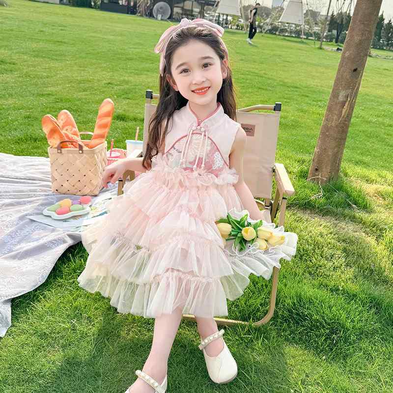 子供服 女の子 キッズ ベビー ワンピース 新中式 チャイナ風 プリンセスドレス ノースリーブ ティアード 夏 お出かけ かわいい おしゃれ 綿混 ピンク アイボリー