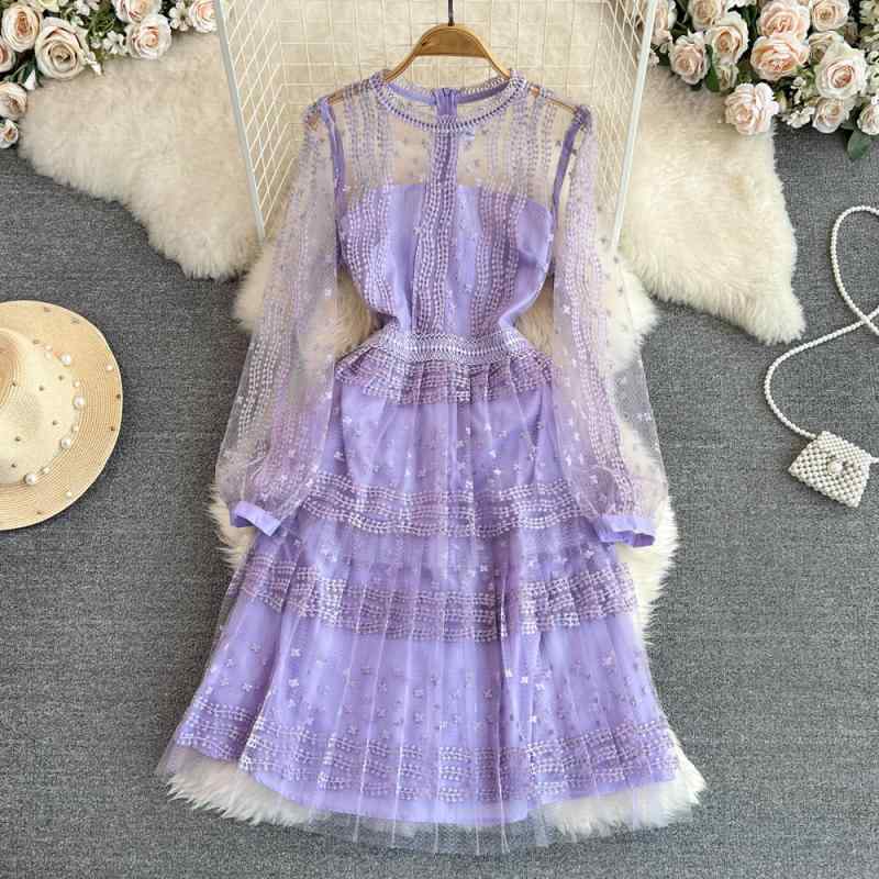 ワンピース レディース 春夏 レトロ 宮廷風 エレガント ラウンドネック レース切り替え チュール シアー 刺繍 ハイウエスト 細見え Aライン フレア ミモレ丈 長袖 パーティー お呼ばれ フォーマル 紫 パープル