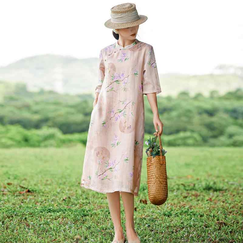 衣装 カラムシ麻 花柄刷り上げる 組み換える瀬戸もの御召しもの 瀬戸もの風 レトロ 読みもの 照明ランプ色つや 五分袖 ロング丈 A伝達ルート ゆったり パステル色のサクラ色 初秋