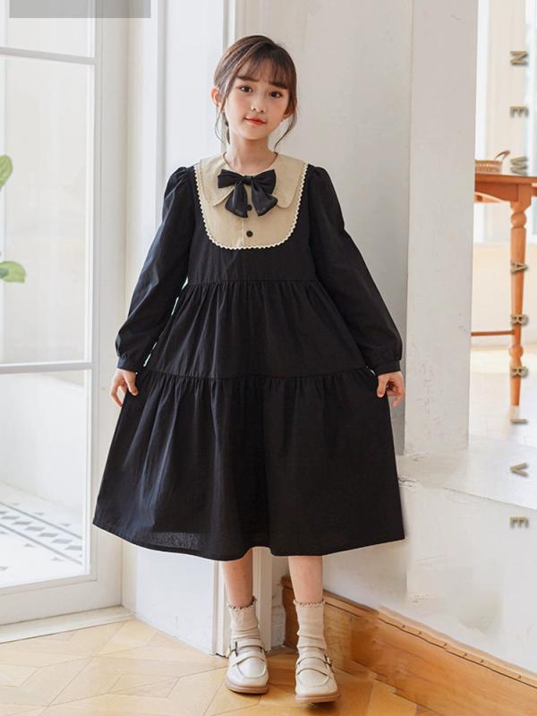 ワンピース 女の子 ジュニア 韓国風 切り替え フリル襟 リボン 長袖 プリンセスドレス スウィート エレガント Aライン ナイロン コットン ソフトな肌触り ブラック
