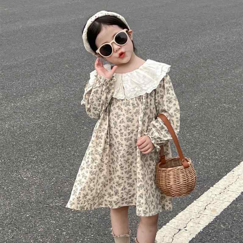 ワンピース 女の子 女児 ガールズ 春秋 韓国風 フランス風 長袖 レース フリル ギャザー襟 アプリコット ベージュ 小花柄 フラワー 綿 コットン プリンセスライン
