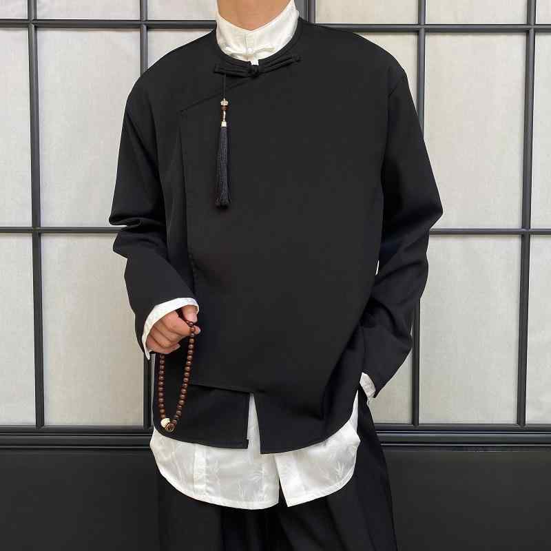 シャツ ユニセックス 中華風 チャイナボタン フリンジ タッセル 長袖 丸首 レトロモダン 禅テイスト 裏起毛 麻混 伸縮性 秋冬 トップス ブラウス 5,268円