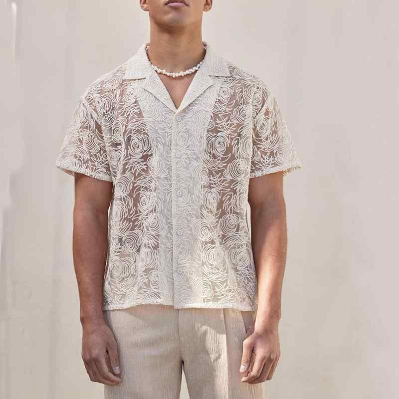 シャツ メンズ 男性用 カジュアル ドレープ レース シアー 透かし 再生繊維 ウォッシャブル ルーズシルエット ビッグシルエット 長袖 オープンカラー アイボリー ファッション トレンド ストリートカジュアル 夏 普段使い リゾートスタイル