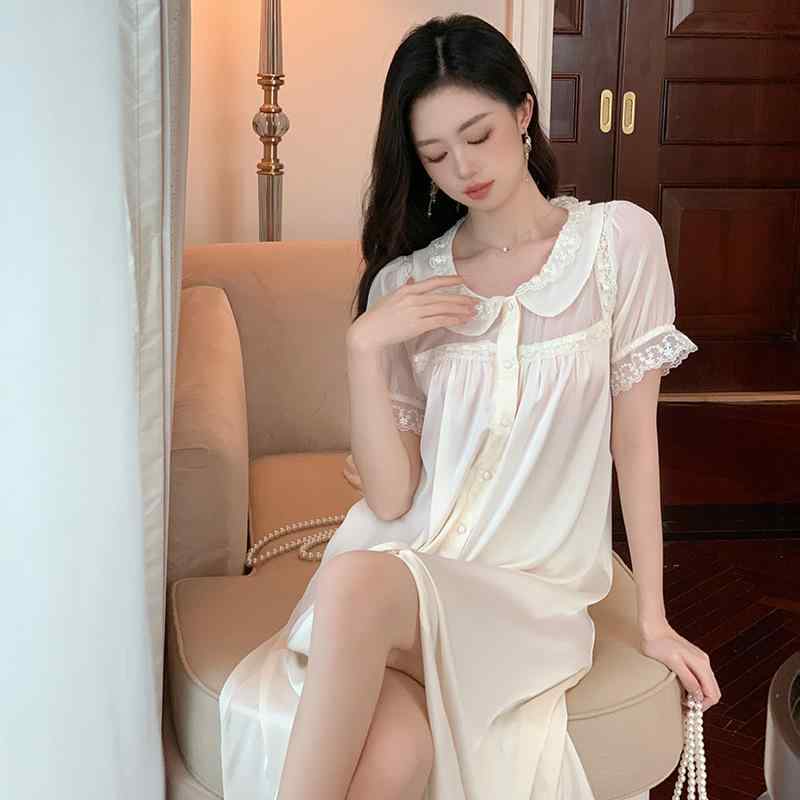 お部屋お召しもの レディース パジャマ 化粧着 半袖 ロング丈 繻子 ポリエステル 薄っぺら 通気性 スピード競技 明けっ広げ色合い 襟付き添い人 フレンチ表現スタイル 妃殿下風 女子らしい 愛くるしげ お部屋着 ワンマイルウェア 夏 杏 グレーパープル