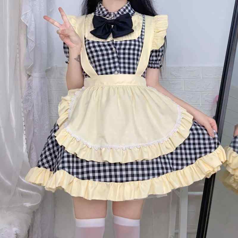 ワンピース レディース メイド服 ロリータ コスプレ アニメ衣装 仮装 制服 かわいい 甘め 清楚系 ゲーム イベント パーティー ハロウィン レッド ブラック コットン ポリエステル エプロン リボン ヘッドドレス付き