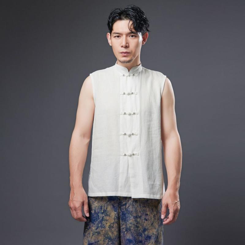 ベスト メンズ 男性用 夏 綿麻 ウォッシュ加工 レトロ 中華風 福文字 チベットシルバーボタン スタンドカラー 薄手 スリムフィット カジュアル ホワイト ネイビー グレーブルー