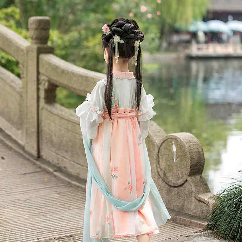 ワンピース キッズ 女の子 漢服 唐装 中国風 チャイナドレス 古風 ドレス 花柄 網紗 シフォン ポリエステル 綿裏地 柔らかい 優雅 かわいい 春夏 発表会 イベント お出かけ