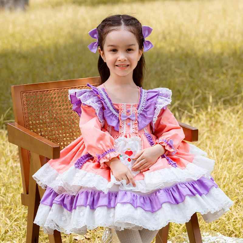 ワンピース 女の子 子供服 ロリータ プリンセスドレス チュチュスカート 長袖 Aライン 綿100% ピンク 春秋 フォーマル 発表会 お呼ばれ パーティー キッズドレス