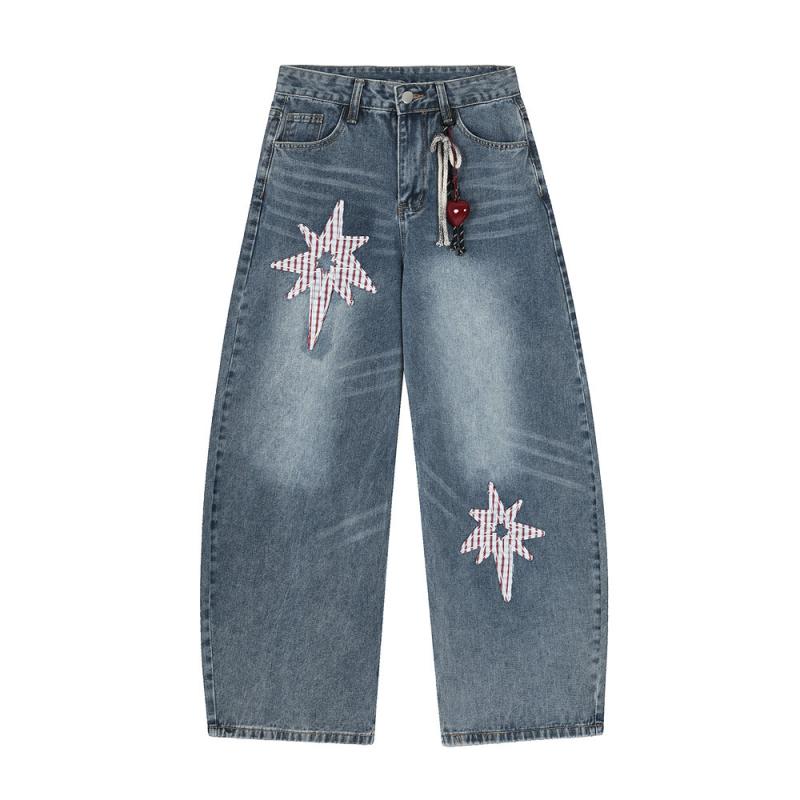デニムパンツ メンズ ブルー スターパッチ チャーム付き カーブデザイン ウォッシュ加工 色落ち ルーズフィット ワイドシルエット アメリカンストリート ロングパンツ
