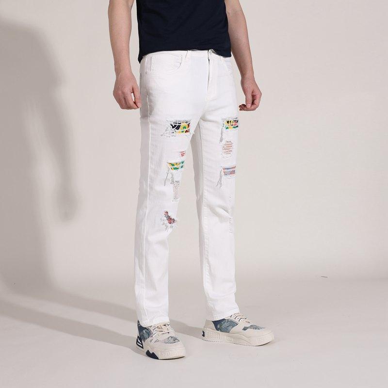 デニムパンツ メンズ 男性用 スキニー ストレート ダメージ加工 ストレッチ ウォッシュ加工 ミッドライズ ジップフライ 綿 ホワイト カジュアル