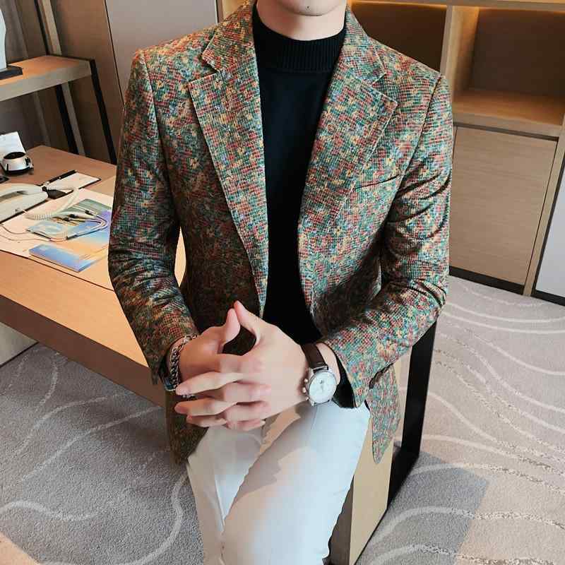 ジャケット メンズ 秋冬 ブリティッシュスタイル カジュアル スリムフィット レトロ 花柄 配色 シングルブレスト 二つボタン ノッチドラペル ポリエステル ノンアイロン 普段使い