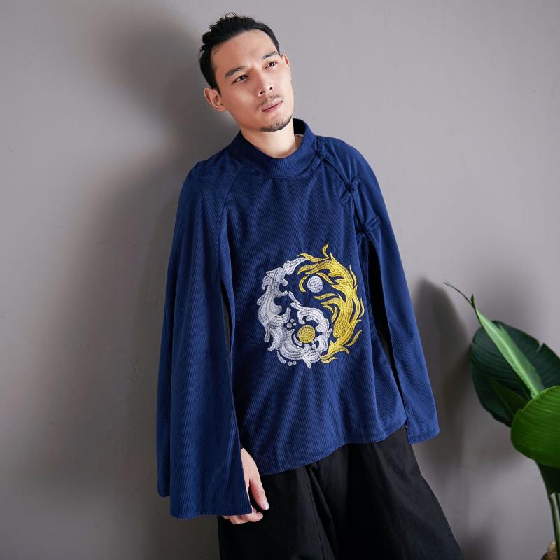 コート メンズ 秋物 刺しゅう 中華風 漢服 ポンチョ ケープ ミドル丈 スタンドカラー ゆったり ルーズフィット カジュアルスタイル コットンブレンド 綿混素材 ブラック ブルー マゼンタ