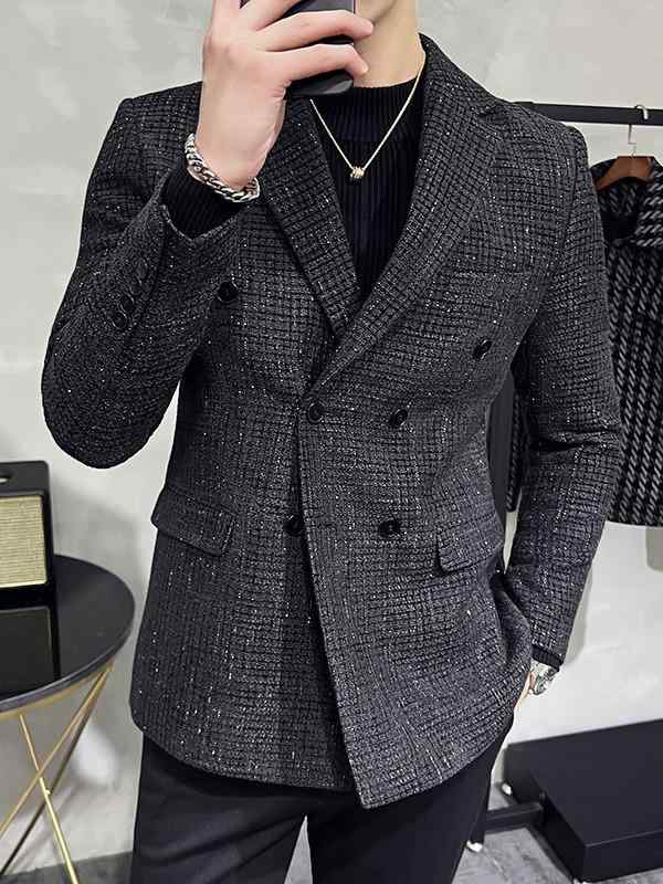 テーラードジャケット メンズ 男性用 ダブルブレスト スリムフィット チェック柄 厚手 ウールライク ポリエステル混紡 イージーケア 高級感 普段使い カジュアル ブラック 秋冬 サイドベンツ