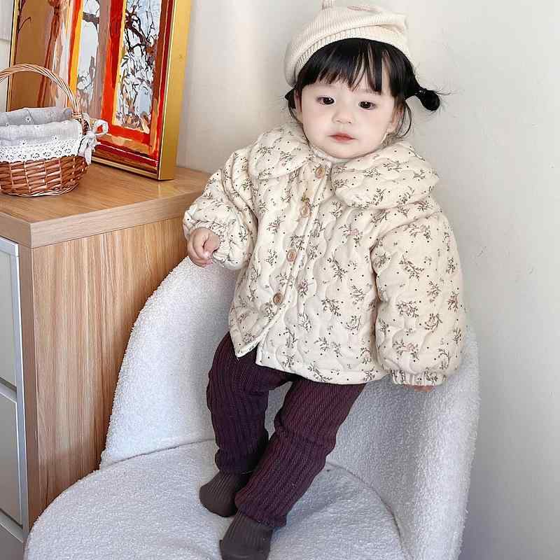 アウター 女の子 ガールズ ベビー 赤ちゃん 冬用 綿 コットン 中綿ジャケット ジャンパー 裏起毛 厚手 ドールカラー 丸襟 小花柄 かわいい おしゃれ 防寒 ボタン コート