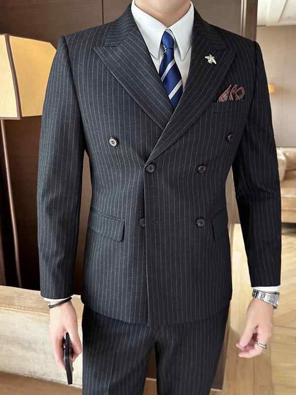 スーツ メンズ 男性用 ダブルブレスト スリーピース ビジネス 通勤 フォーマル 新郎 礼服 結婚式 セレモニー スリムフィット 細身 ポリエステル混紡 春秋 シワになりにくい