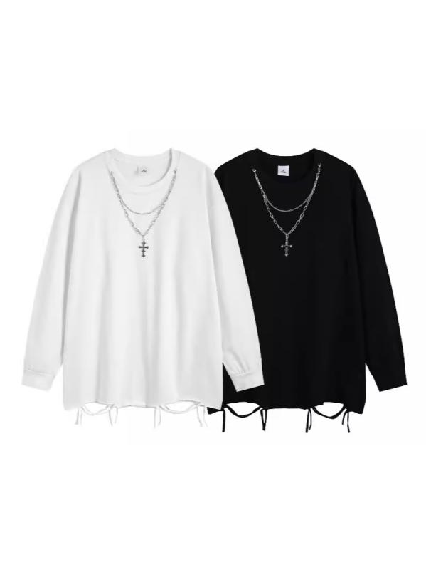 Tシャツ メンズ 長袖 綿 クルーネック 無地 裾ダメージ加工 ルーズフィット ビッグシルエット トップス 秋冬 カジュアル 普段使い 通気性 吸湿速乾 ホワイト ブラック