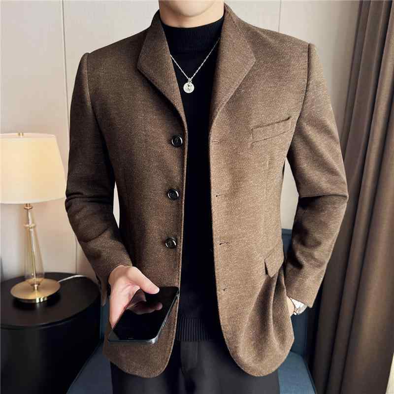 テーラードジャケット メンズ 男性用 秋冬 厚手 ポリエステル 起毛素材 シングルブレスト スリムフィット カジュアル ビジネス 上品 高級感 シワになりにくい ブレザー アウター 黒 ブラウン