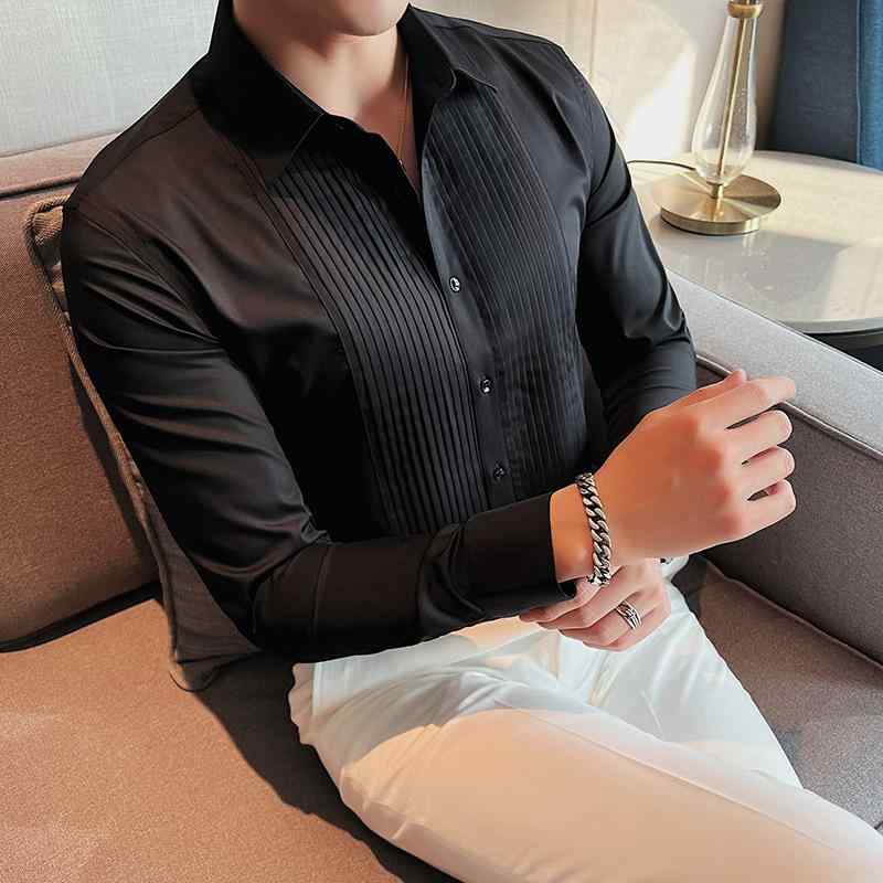 シャツ メンズ 男性用 フレンチ プリーツ 長袖 スリムフィット フォーマル 礼装 結婚式 ブライダル パーティー 二次会 ビジネス 高級感 ウォッシャブル ストレッチ素材 春秋冬