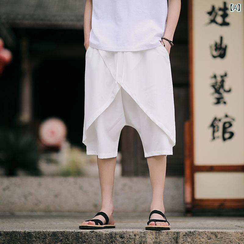 カジュアルパンツ メンズ 男性用 ワイドパンツ ルーズフィット 7分丈 クロップド ミドルウエスト 裏起毛 ノンストレッチ 無地 ライクラ ポリエチレン繊維 ノーアイロン イージーケア ポケット付き ホワイト ブラック
