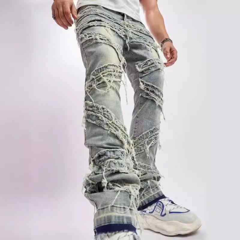 デニムパンツ メンズ ダメージ加工 クラッシュ 猫ひげ加工 切り替え ストレッチ ゆったり ルーズフィット ワイド カジュアル ストリート 綿混 春秋
