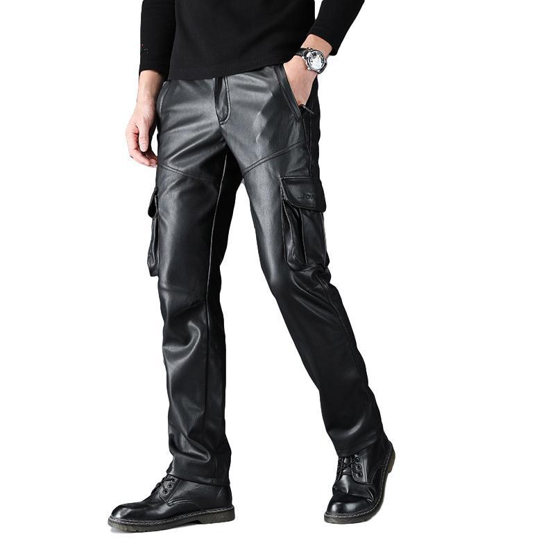 パンツ メンズ 男性用 秋冬 PUレザー フェイクレザー 革 裏起毛 厚手 暖か 防寒 ライダース カーゴパンツ 多ポケット ゴムウエスト ハイウエスト ルーズフィット 旅行 レジャー アウトドア ストリート カジュアル 欧米風 ブラック