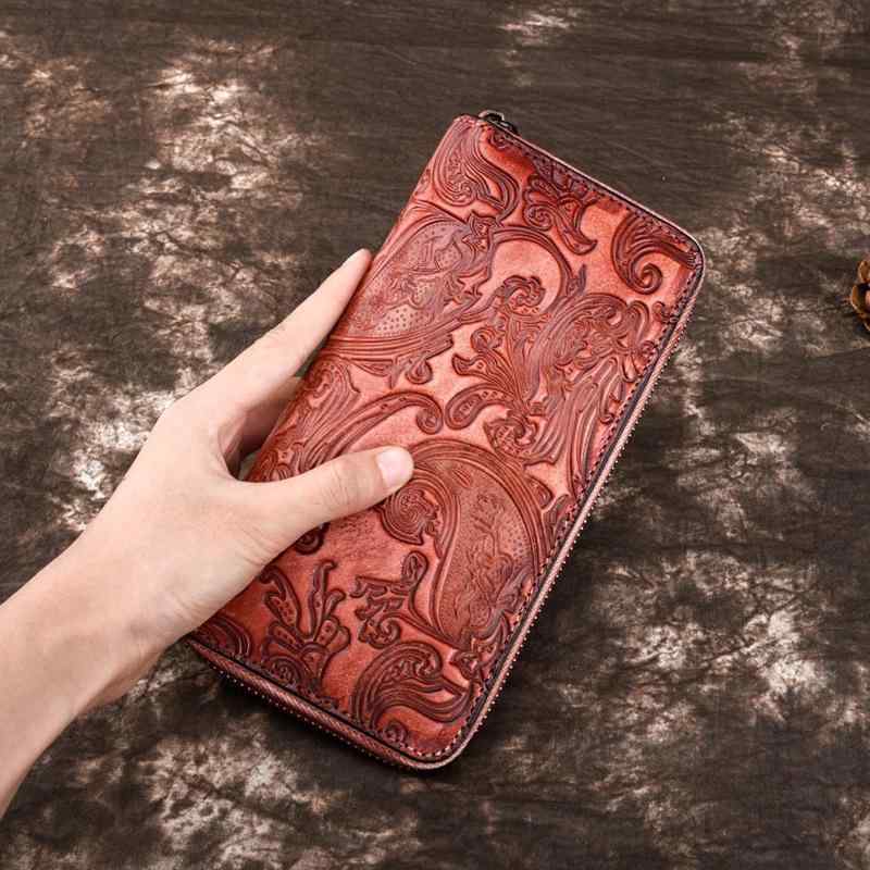 財布 クラッチバッグ リストバッグ 本革 牛革 長財布 レトロ アンティーク 欧米風 ハンドメイド 型押し ファスナー開閉 耐摩耗性 デイリーユース 多彩