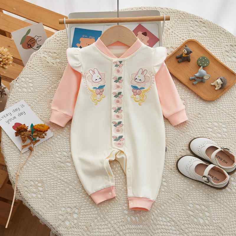 ロンパース ベビー 女の子 新生児 赤ちゃん服 カバーオール オールインワン 前開き スナップボタン フリル袖 綿100% 柔らかい肌触り ルームウェア 普段着 春秋 ピンク