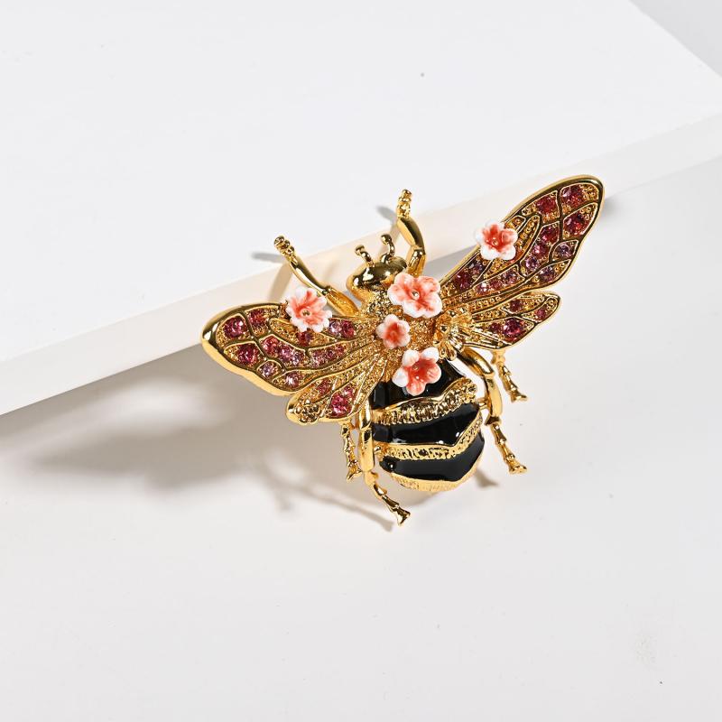 ブローチ 女性用 かわいい ピンクの花 ミツバチ 18K電気メッキ 手描き エナメル彩釉 ジルコニア 銅製 秋冬 アニマルモチーフ フェミニン 多機能