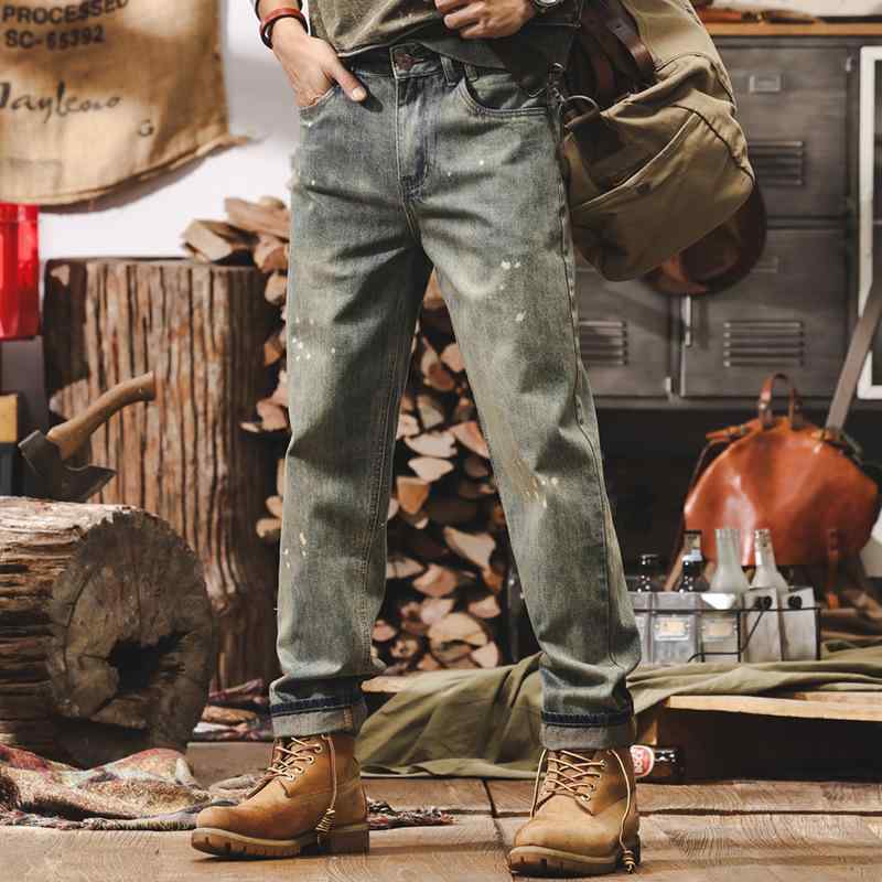 デニムパンツ メンズ アメリカンヴィンテージ アメカジ 泥染め ダメージ加工 ペンキ加工 ルーズ ゆったり ストレート 綿 コットン 春夏 カジュアル 普段使い