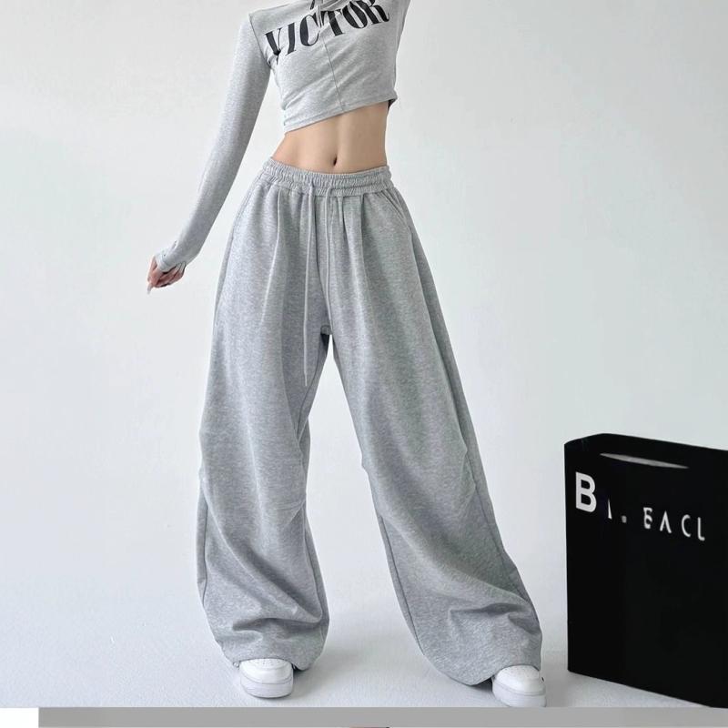 ワイドパンツ レディース 春 ハイウエスト グレー アメカジ ストリート ヒップホップ ルーズフィット ドレープ ゆったり フルレングス 綿混 薄手 ノンストレッチ