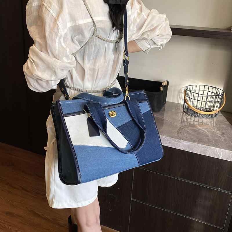 トートバッグ レディース デニム 大容量 横型 スクエア バイカラー 切り替え ソフト ワンショルダー 斜め掛け 通勤 デイリーユース ファスナー開閉