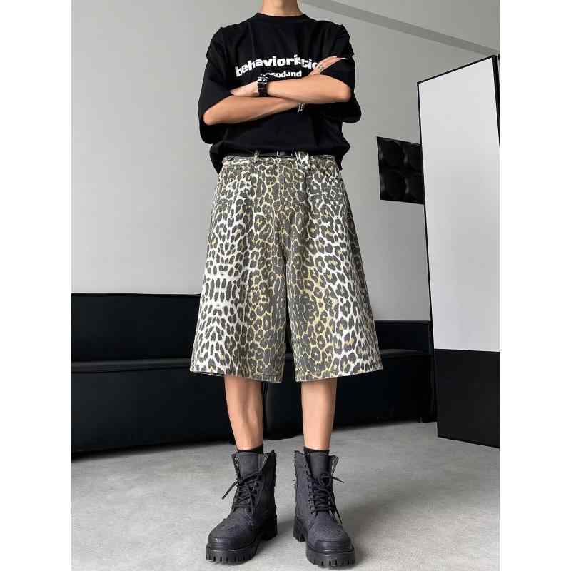 ハーフパンツ 男女兼用 ユニセックス デニム ジーパン ストレート アメカジ レトロ ストリート ヒップホップ ヒョウ柄 レオパード 迷彩 カモフラ 個性的 着回し 春夏