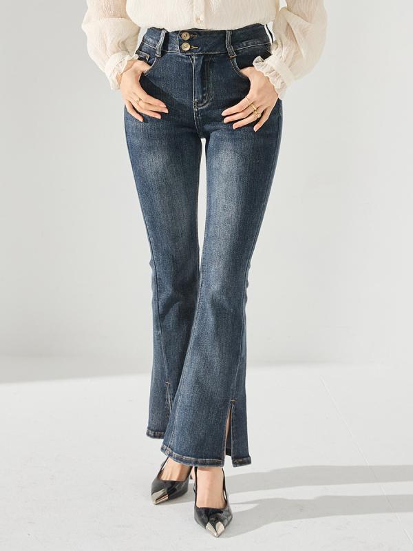 デニムパンツ ジーンズ レディース ハイウエスト 微フレア ブーツカット スリット 着痩せ スタイルアップ ストレッチ 伸縮性 コットン ポリエステル フレンチスタイル エレガント カジュアル 通勤 普段使い 春夏