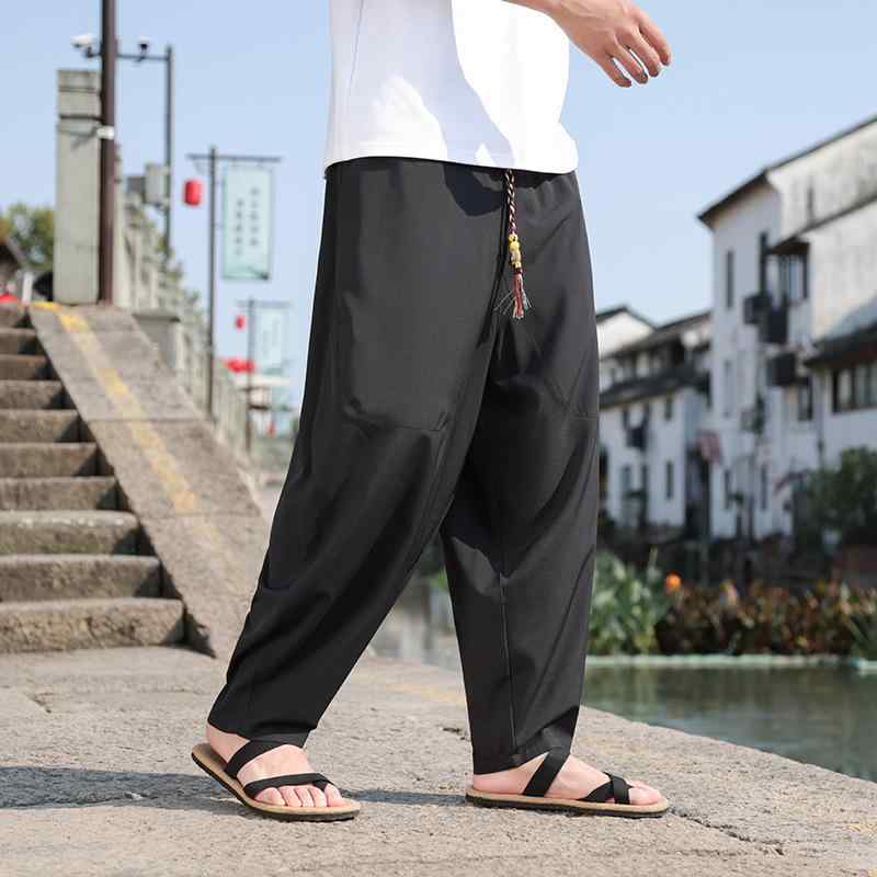 カジュアルパンツ メンズ 春夏 薄手 リネン 麻 ストレート ゆったり ワイド テーパード サルエル ビッグサイズ ブラック 通気性 ロング丈 普段使い